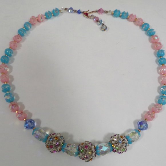 AB Crystals Pink Blue Petals Rhinestone Necklace - Picture 5 of 5